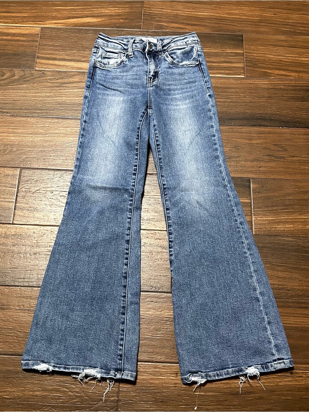Flying Monkey Girls Mid Rise Flare Stretch Jeans 12 Medium Light Wash Frayed Hem